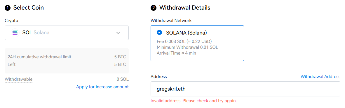 HTX Exchange fails to resolve the Solana address for gregskril.eth